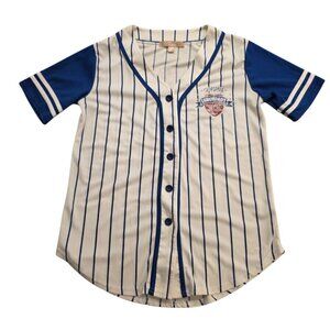 California Baseball Jersey Shirt Good Vibes Pinstriped Blue White Womens Small